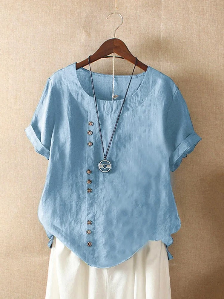 Blouse À Manches Courtes Décontractée Avec Col Rond Et Boutons Frontaux Léger Confortable
