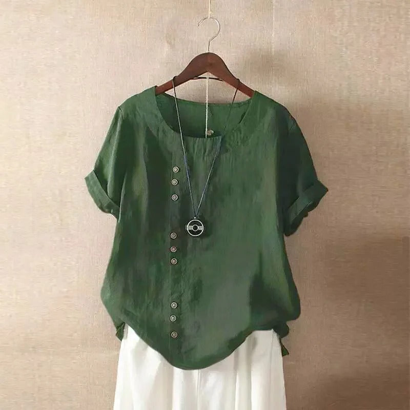 Blouse À Manches Courtes Décontractée Avec Col Rond Et Boutons Frontaux Léger Confortable