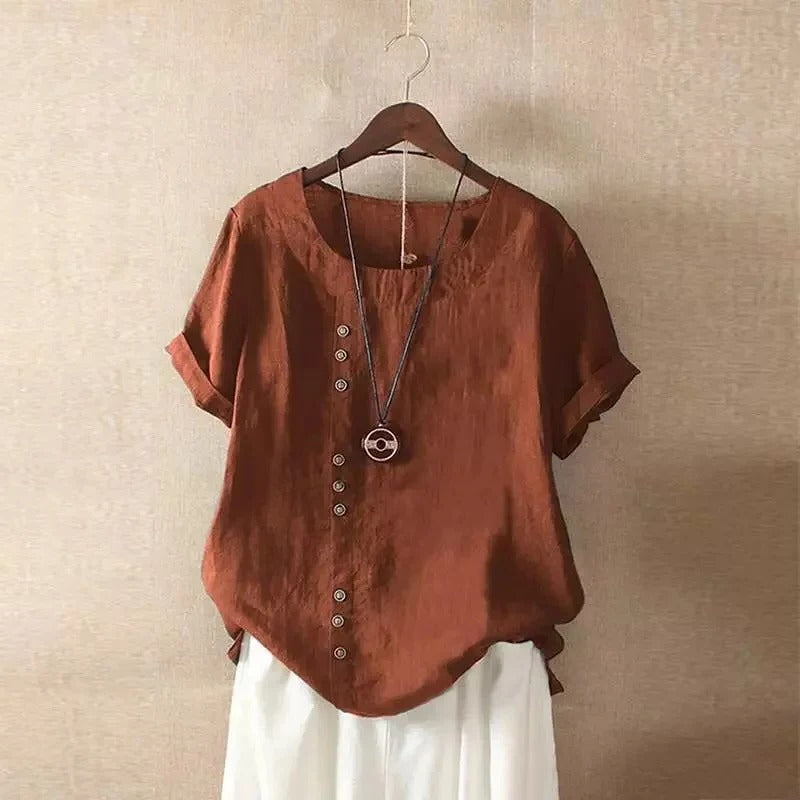 Blouse À Manches Courtes Décontractée Avec Col Rond Et Boutons Frontaux Léger Confortable