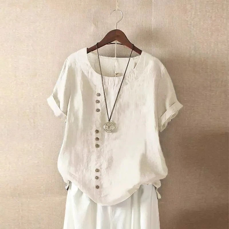 Blouse À Manches Courtes Décontractée Avec Col Rond Et Boutons Frontaux Léger Confortable