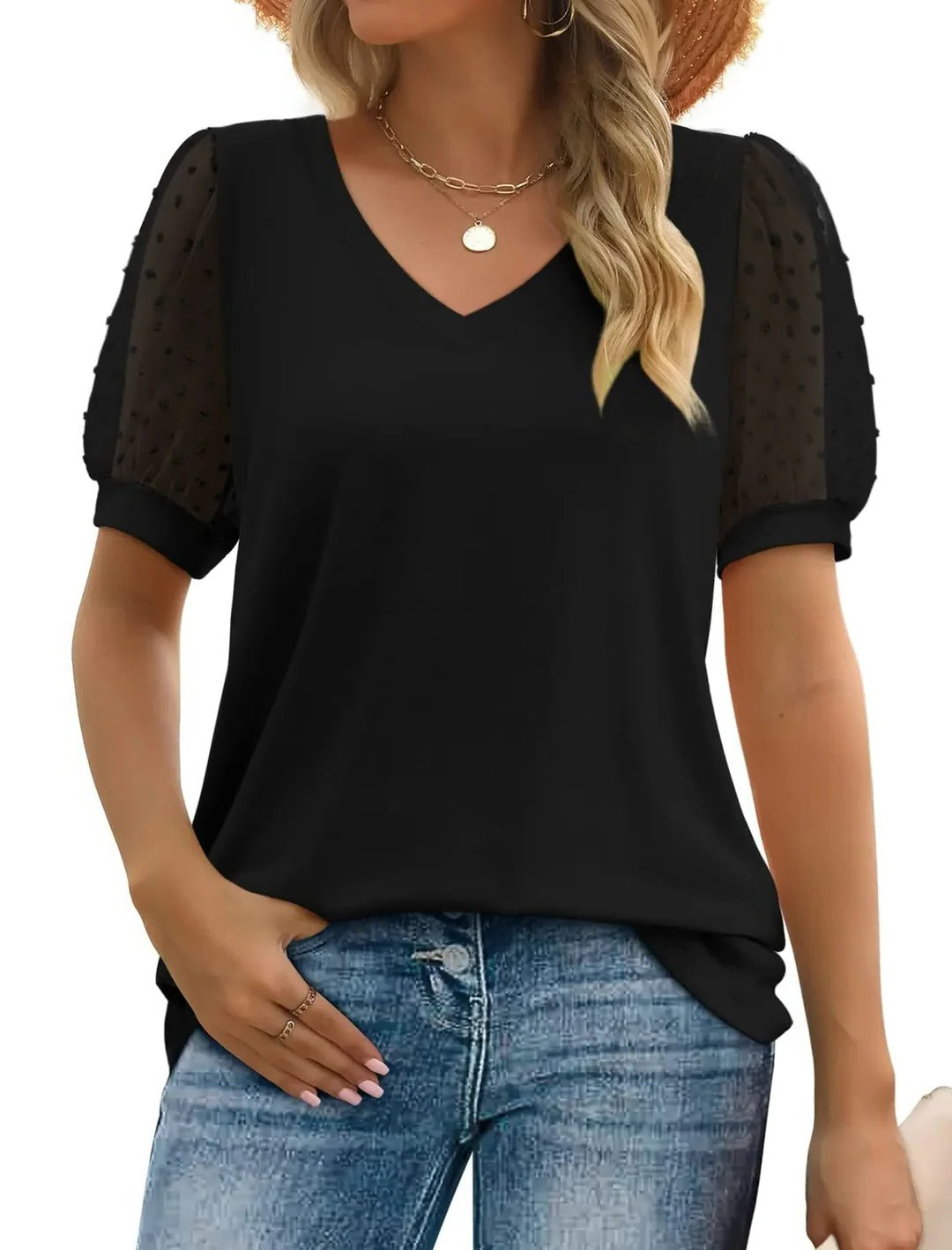 Top Décolleté En V À Manches Courtes Silhouette Décontractée Léger Et Confortable Pour Températures Variables