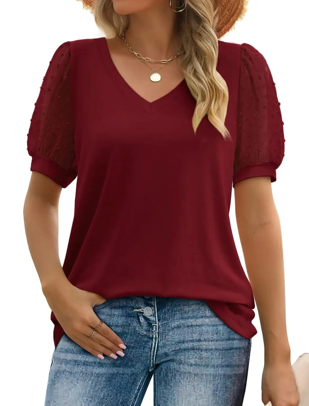 Top Décolleté En V À Manches Courtes Silhouette Décontractée Léger Et Confortable Pour Températures Variables