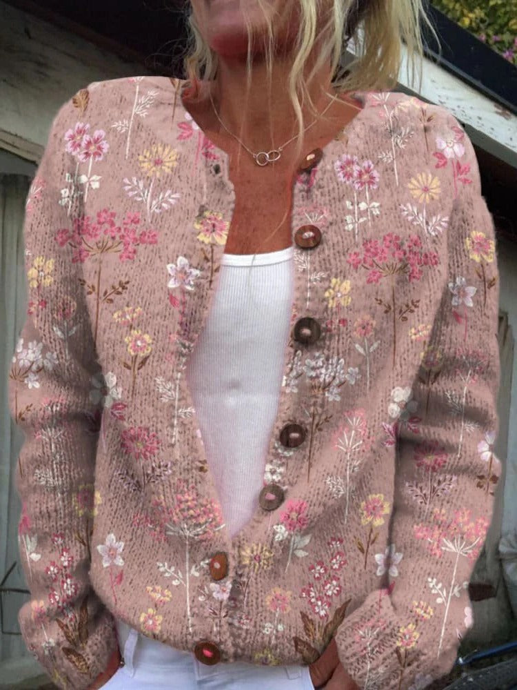 Cardigan À Boutons Devant Imprimé Floral En Maille Structurée Pour Femmes Avec Ouverture Par Boutons