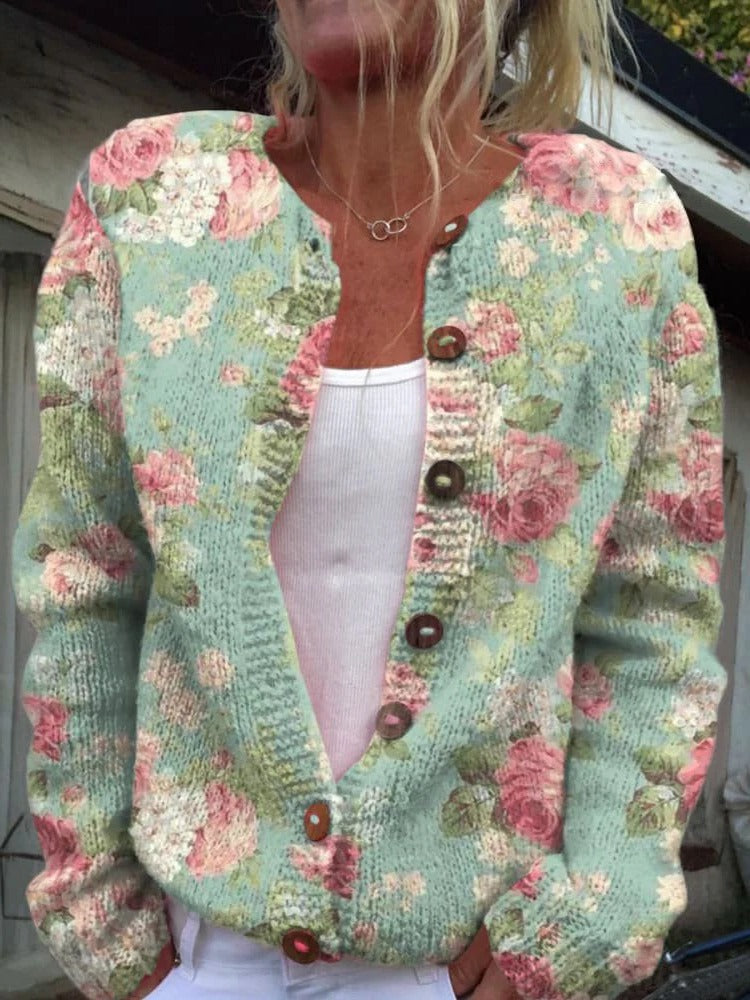Cardigan À Boutons Devant Imprimé Floral En Maille Structurée Pour Femmes Avec Ouverture Par Boutons