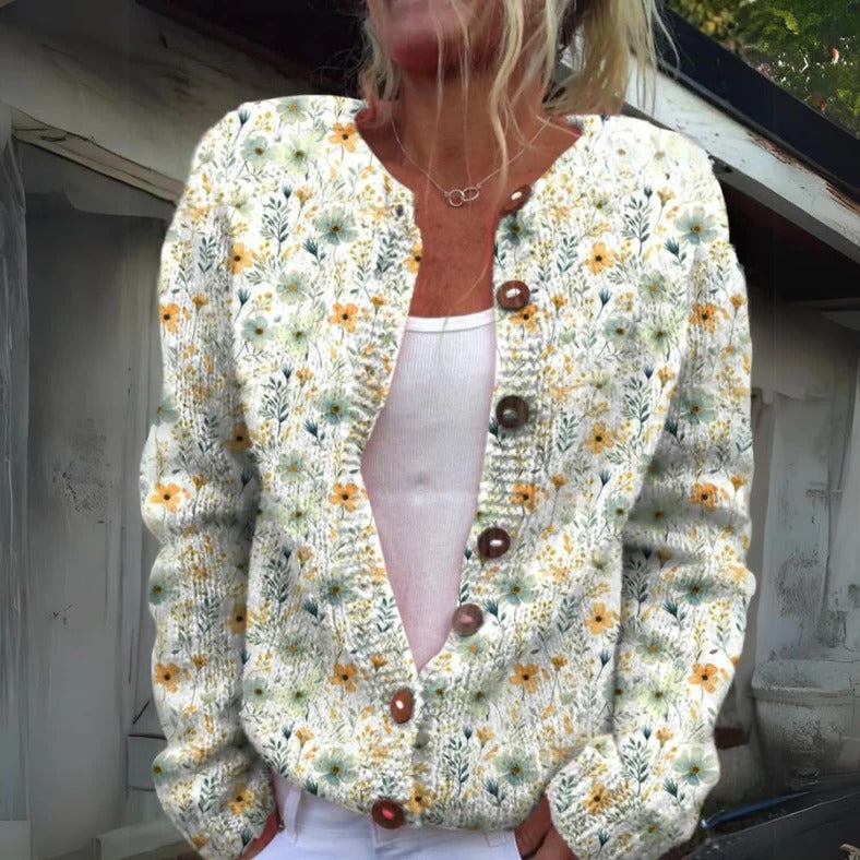 Cardigan À Boutons Devant Imprimé Floral En Maille Structurée Pour Femmes Avec Ouverture Par Boutons