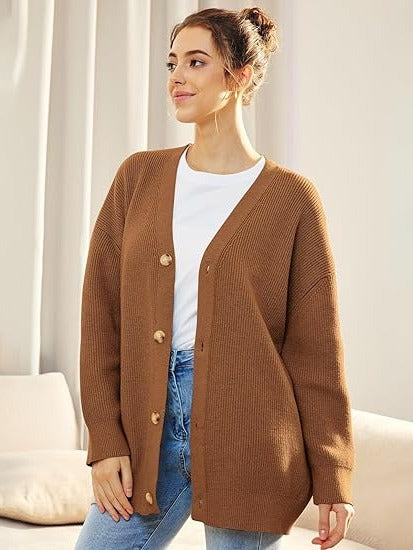 Cardigan Oversize À Encolure En V Boutonné Pour Tenues En Superposition Confortables