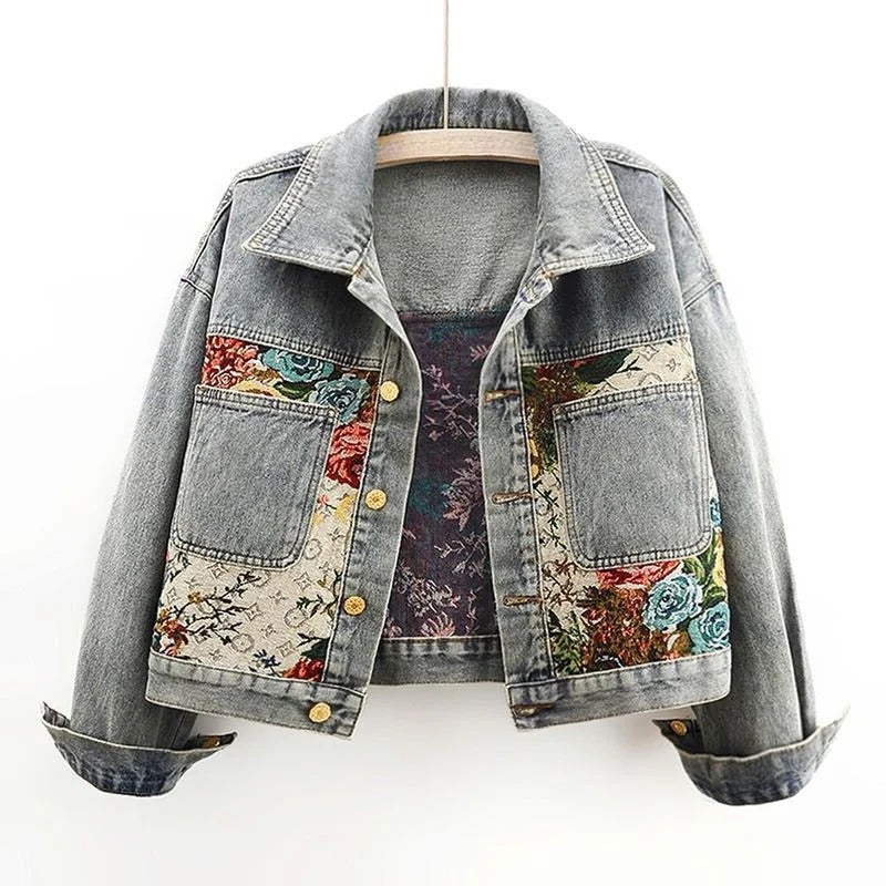Veste En Jean Courte Florale Avec Motifs Floraux Peints À La Main Sur Denim Classique