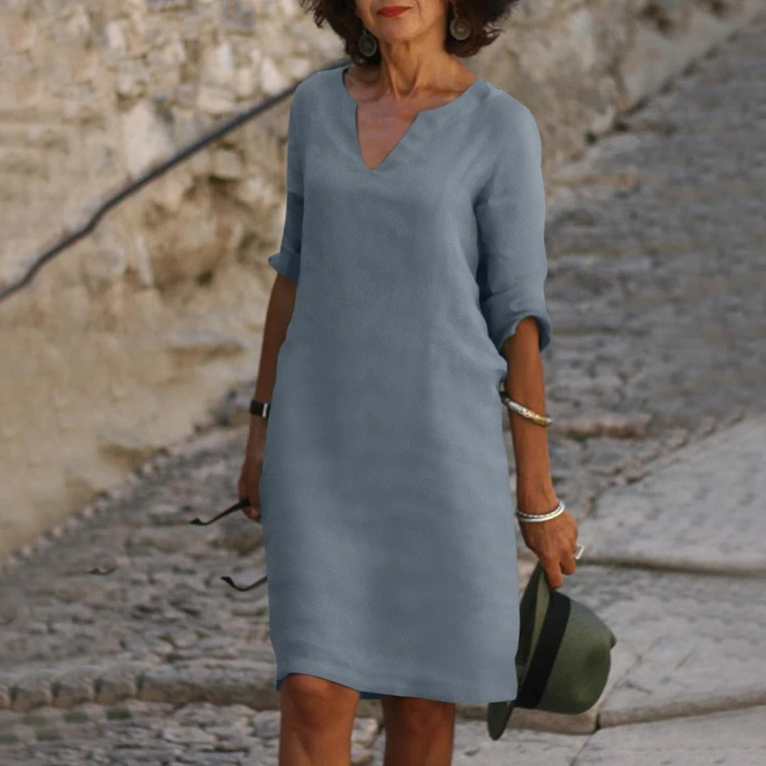 Robe D'Été Midi Décontractée À Encolure V Respirante Et Manches Courtes Amawinc Confort Polyvalente