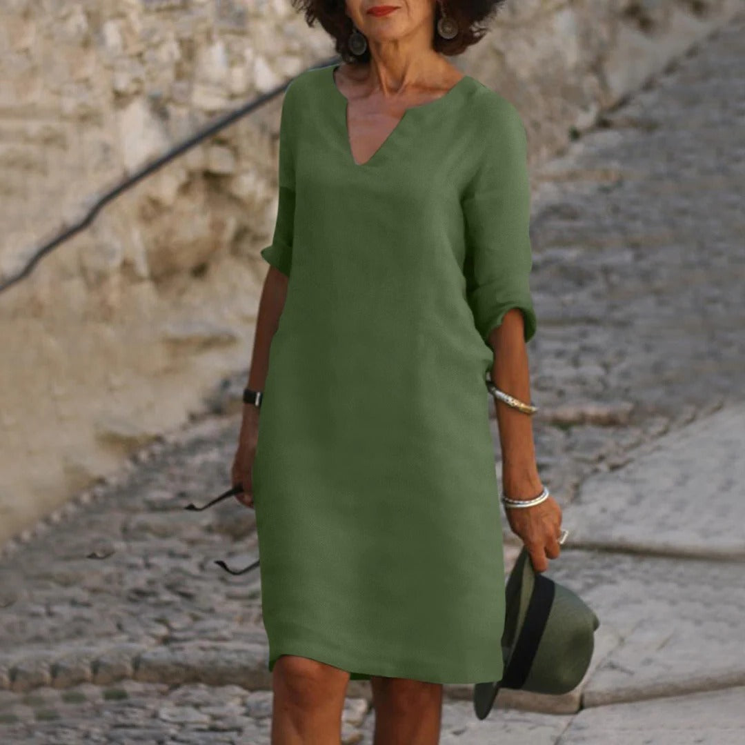 Robe D'Été Midi Décontractée À Encolure V Respirante Et Manches Courtes Amawinc Confort Polyvalente