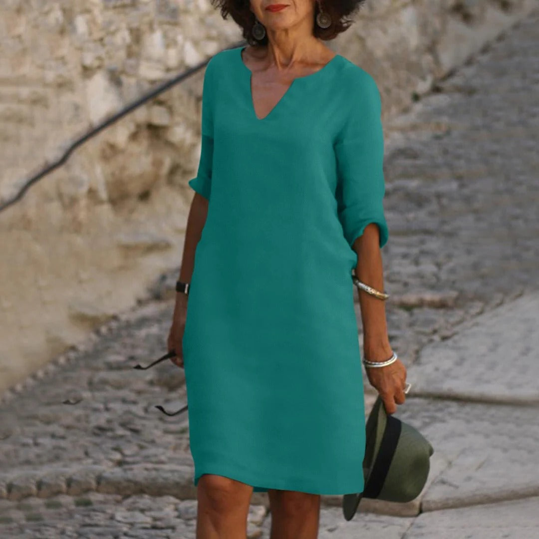 Robe D'Été Midi Décontractée À Encolure V Respirante Et Manches Courtes Amawinc Confort Polyvalente