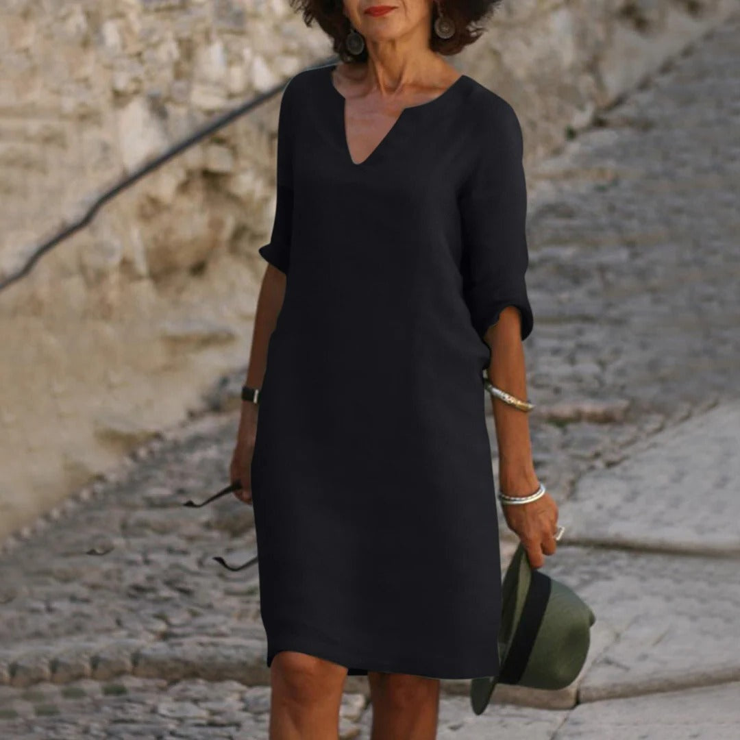 Robe D'Été Midi Décontractée À Encolure V Respirante Et Manches Courtes Amawinc Confort Polyvalente