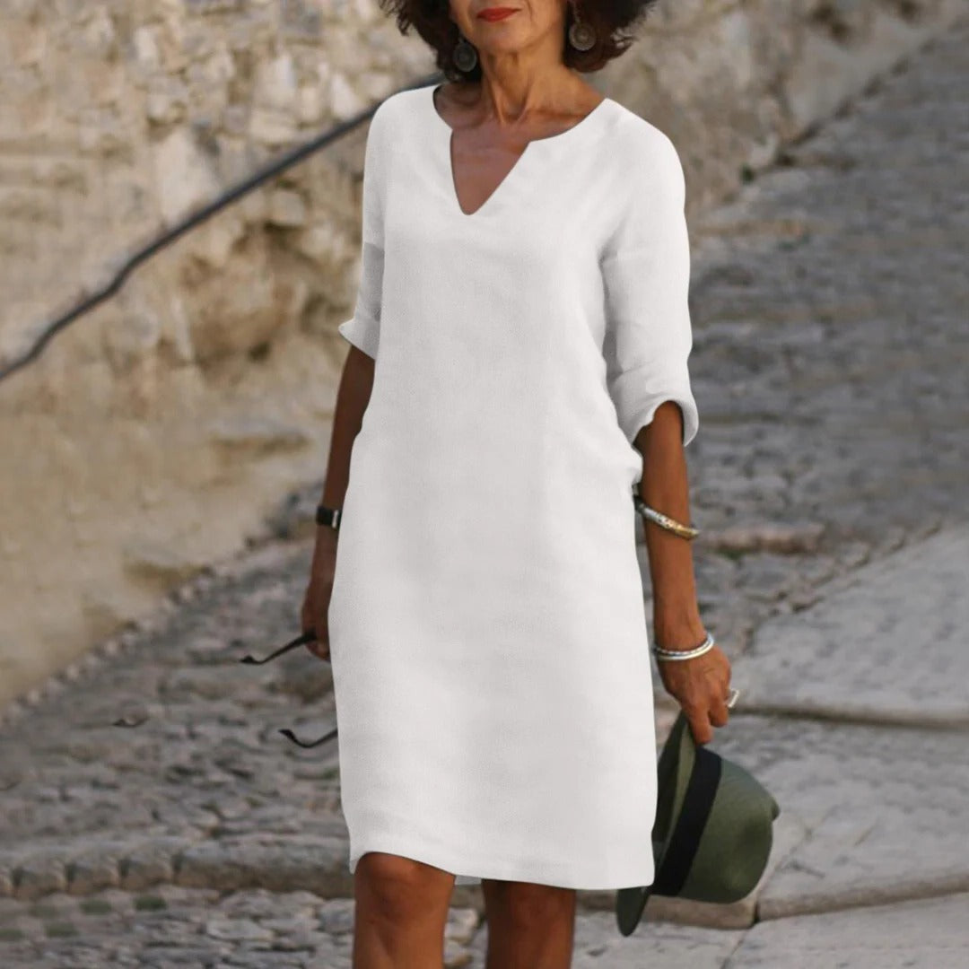 Robe D'Été Midi Décontractée À Encolure V Respirante Et Manches Courtes Amawinc Confort Polyvalente