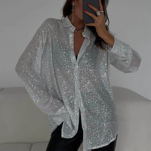 Blouse Oversize À Sequins Pour Femme Col Revers Festif Élégante Et Polyvalente Pour Sorties