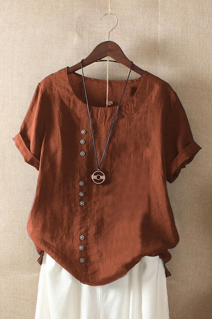 Blouse Femme Col Rond Uni Boutons Manches Courtes Léger Polyvalente Été Idéale Pour Bureau Et Loisirs