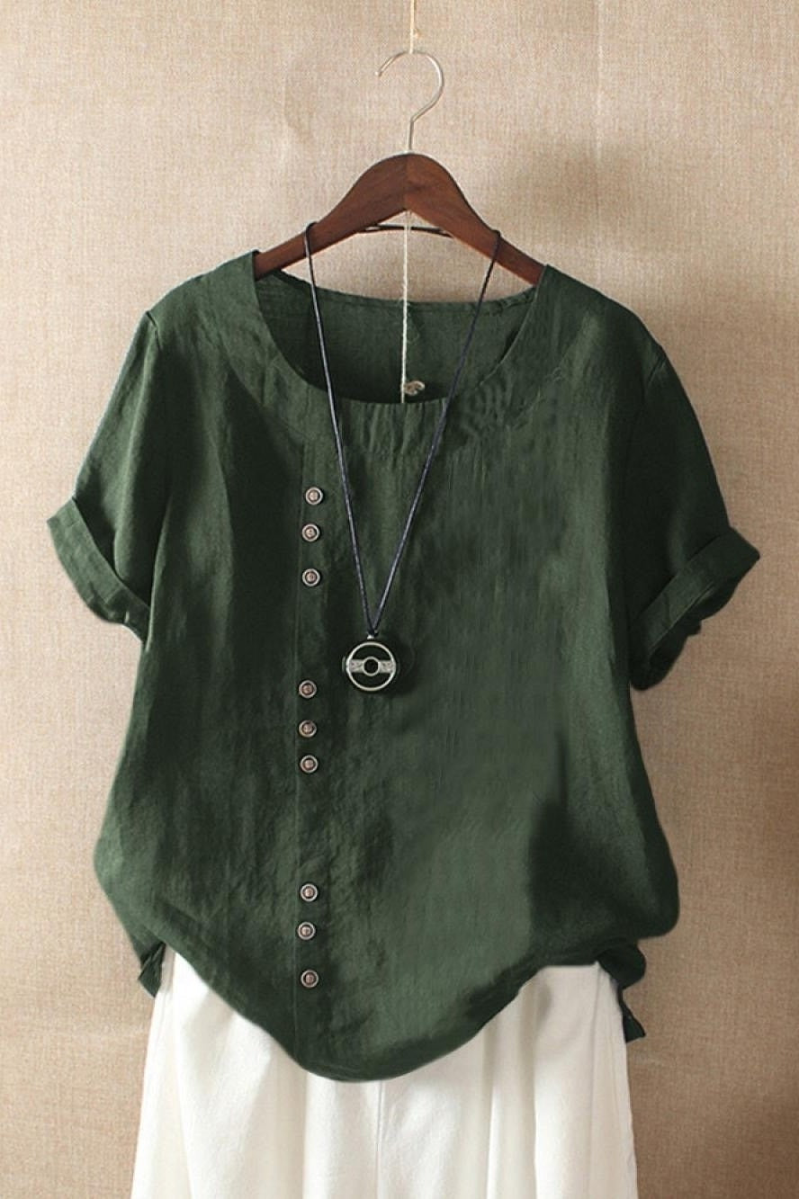 Blouse Femme Col Rond Uni Boutons Manches Courtes Léger Polyvalente Été Idéale Pour Bureau Et Loisirs