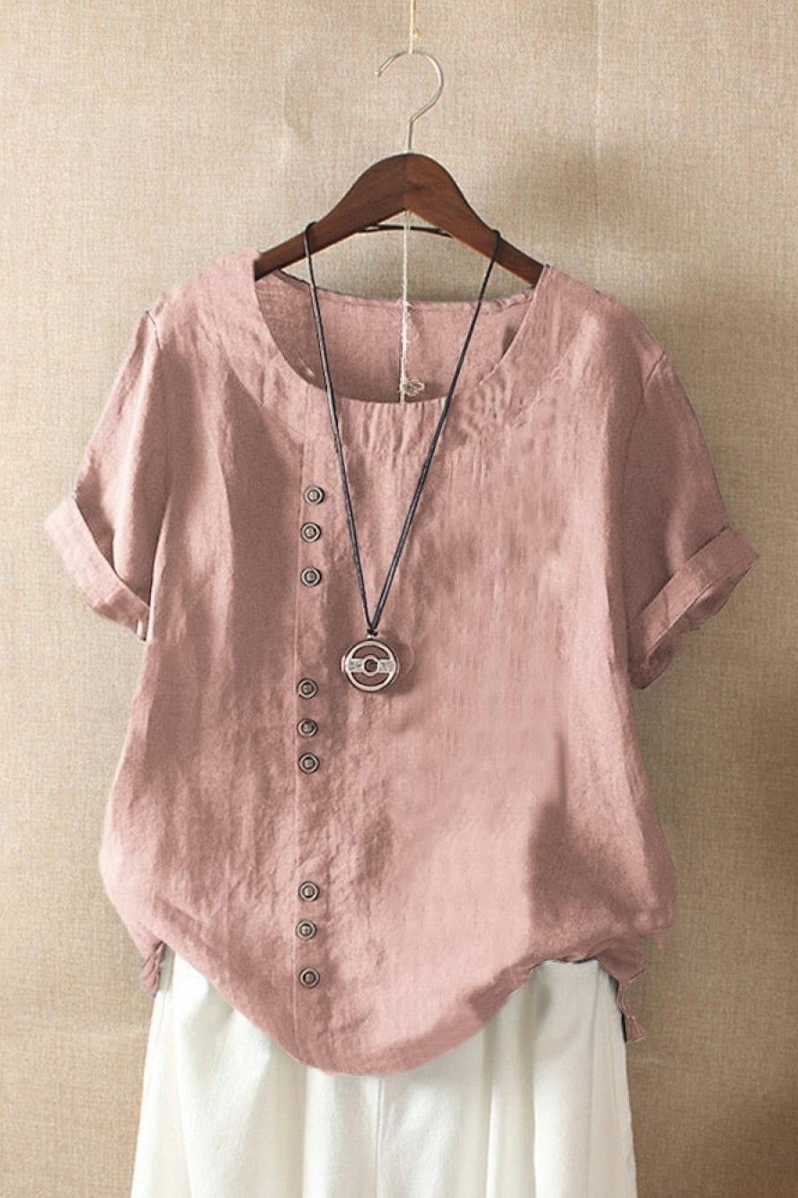Blouse Femme Col Rond Uni Boutons Manches Courtes Léger Polyvalente Été Idéale Pour Bureau Et Loisirs