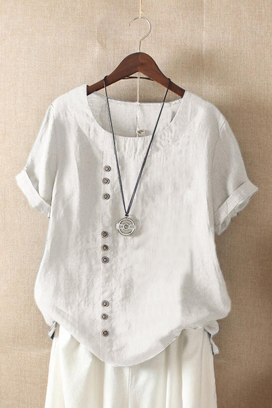 Blouse Femme Col Rond Uni Boutons Manches Courtes Léger Polyvalente Été Idéale Pour Bureau Et Loisirs