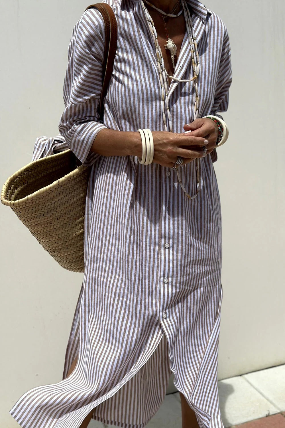 Robe Chemise Rayée Boutonnée Pour Femmes Polyvalente Et Décontractée Pour Le Quotidien