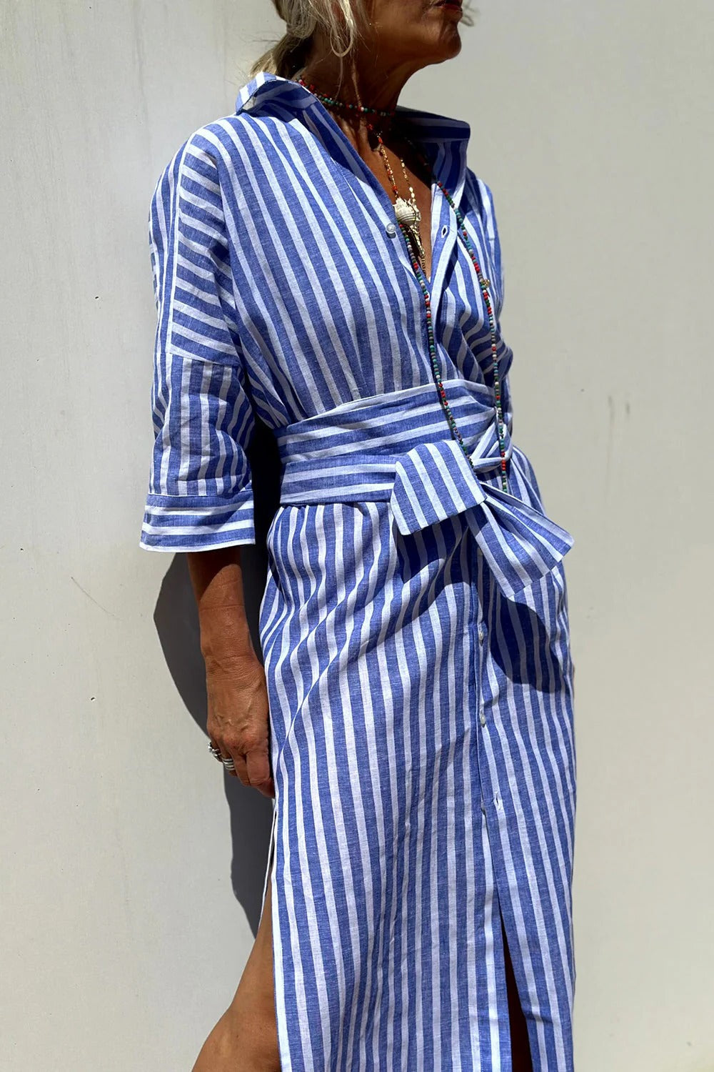 Robe Chemise Rayée Boutonnée Pour Femmes Polyvalente Et Décontractée Pour Le Quotidien