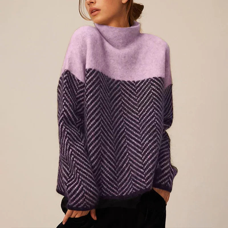 Pull En Maille Femme Col Montant Avec Motif Chevron Et Structure Élégante Pour Automne Hiver
