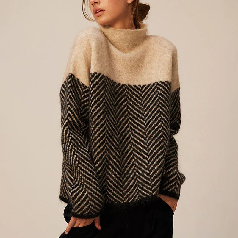 Pull En Maille Femme Col Montant Avec Motif Chevron Et Structure Élégante Pour Automne Hiver