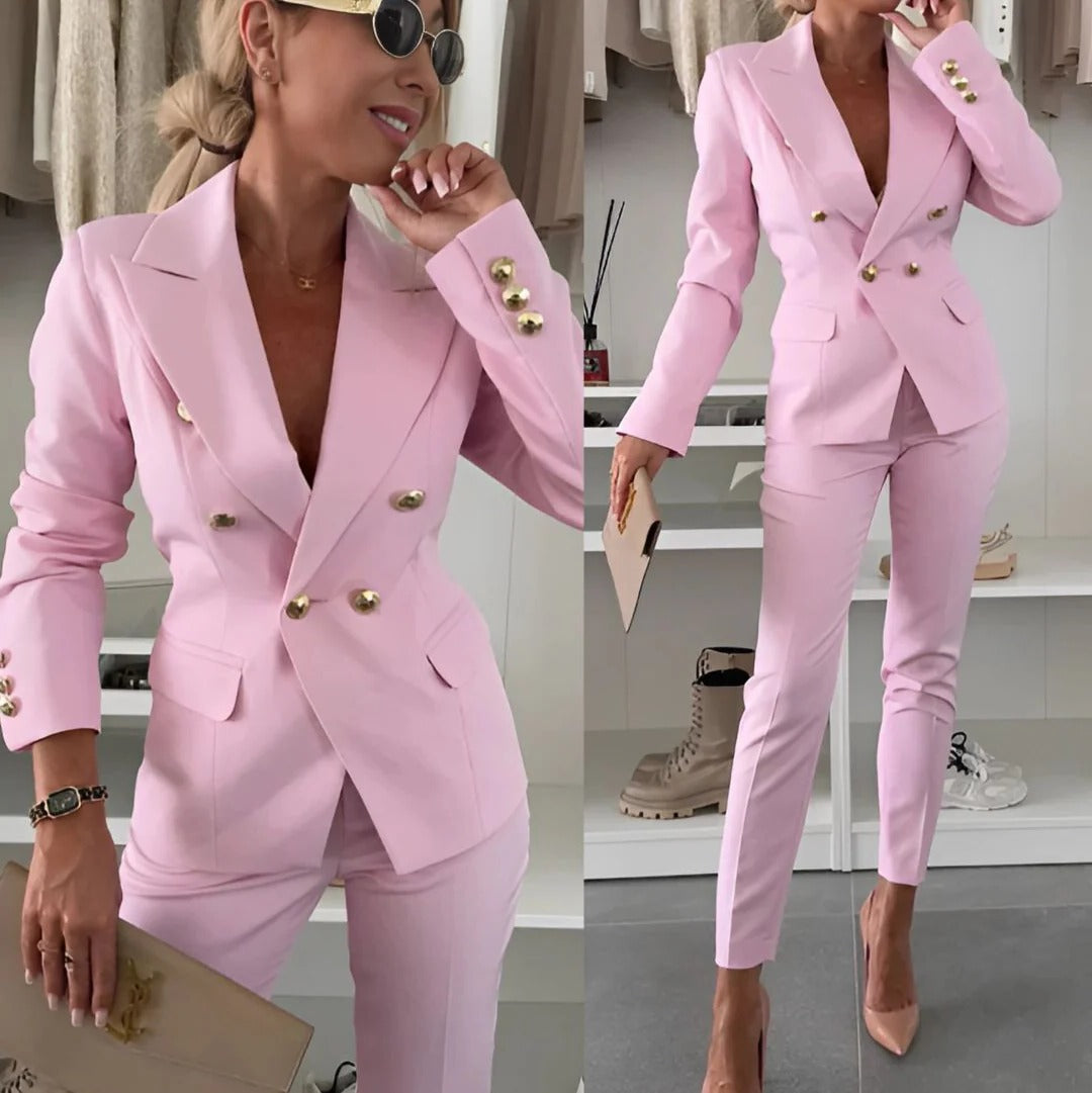 Ensemble Tailleur Femme Blazer Double Boutonnage Et Pantalon Droit Pour Bureau Et Occasion