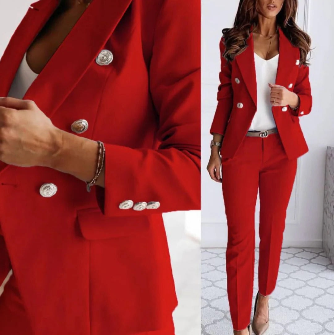 Ensemble Tailleur Femme Blazer Double Boutonnage Et Pantalon Droit Pour Bureau Et Occasion