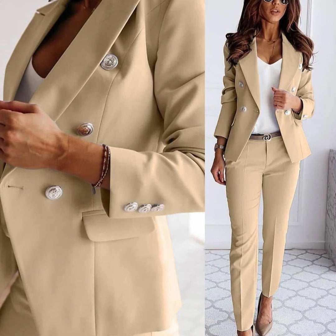 Ensemble Tailleur Femme Blazer Double Boutonnage Et Pantalon Droit Pour Bureau Et Occasion