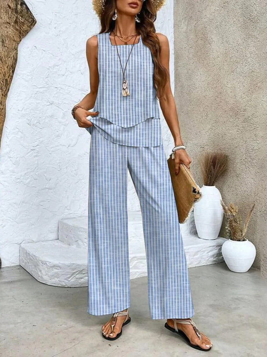 Ensemble Deux Pièces Été Amawinc Haut Superposé Léger et Pantalon Large Pour Vacances et Brunch