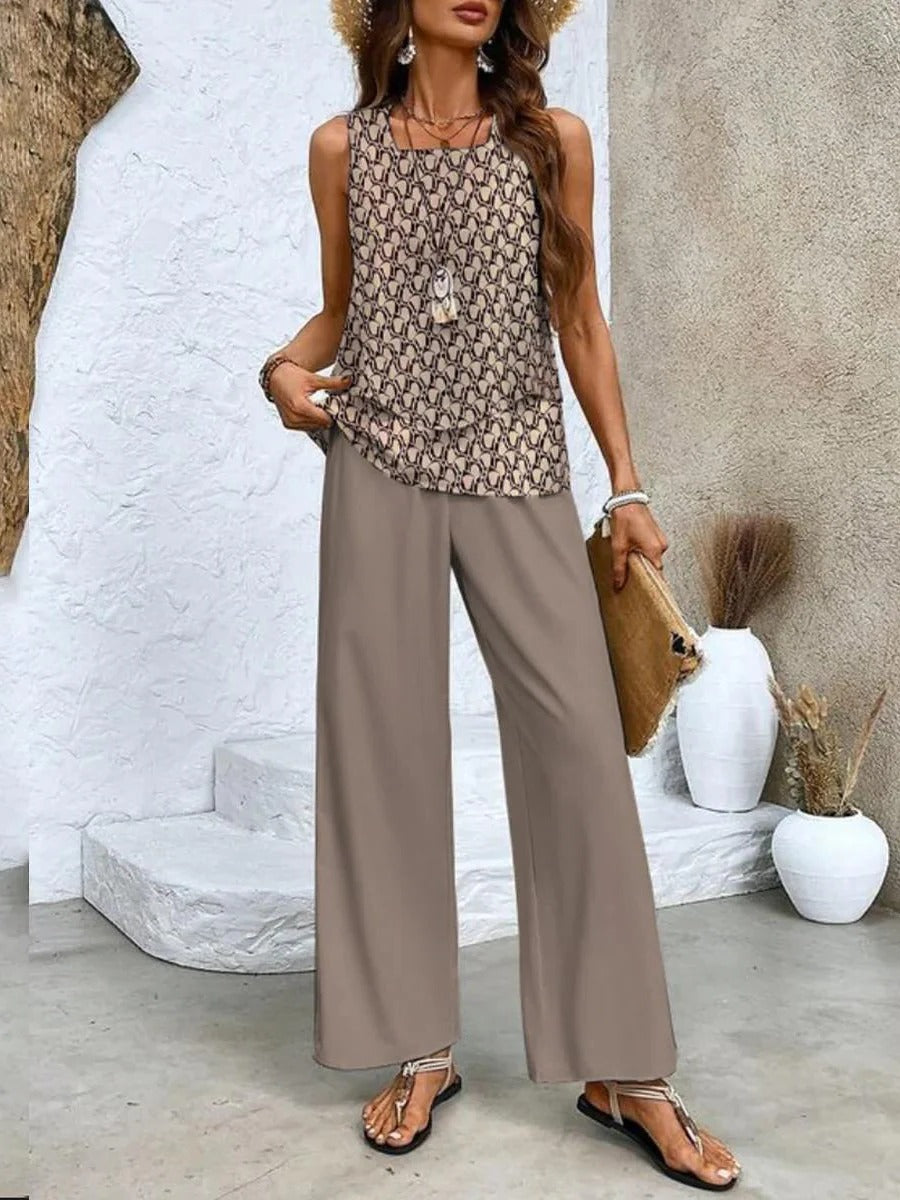 Ensemble Deux Pièces Été Amawinc Haut Superposé Léger et Pantalon Large Pour Vacances et Brunch