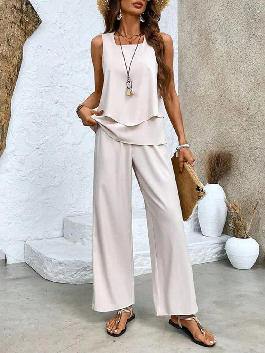 Ensemble Deux Pièces Été Amawinc Haut Superposé Léger et Pantalon Large Pour Vacances et Brunch