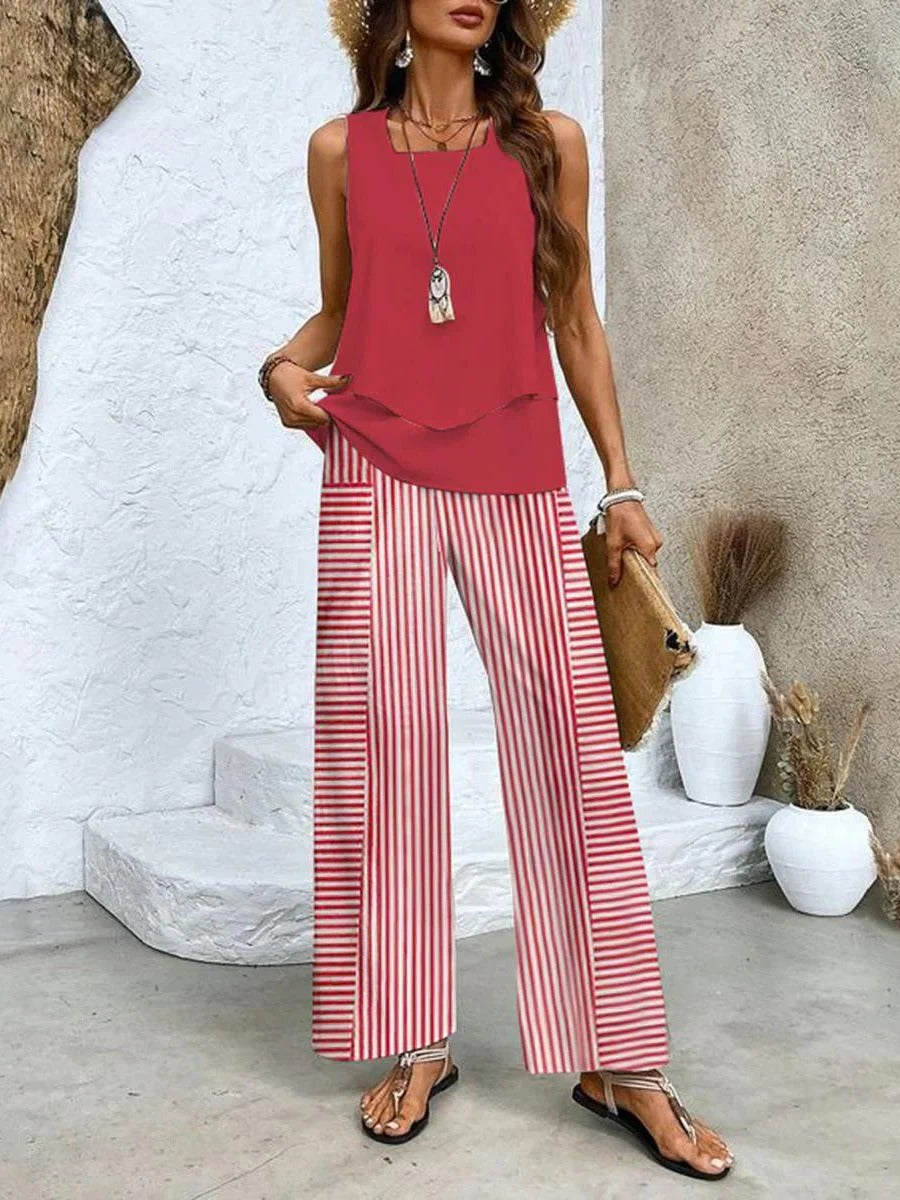 Ensemble Deux Pièces Été Amawinc Haut Superposé Léger et Pantalon Large Pour Vacances et Brunch