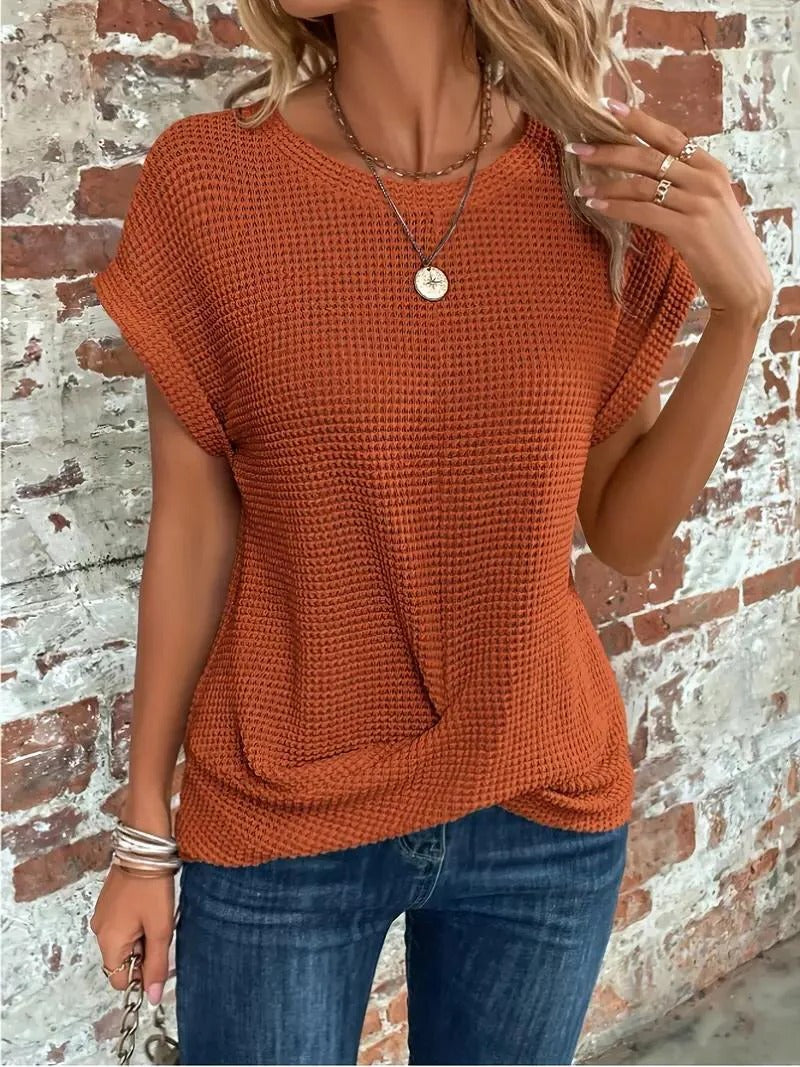 T Shirt Décontracté En Maille Nid D'Abeille Avec Ourlet Torsadé Avant Et Manches Roulées Confort Respirant Été