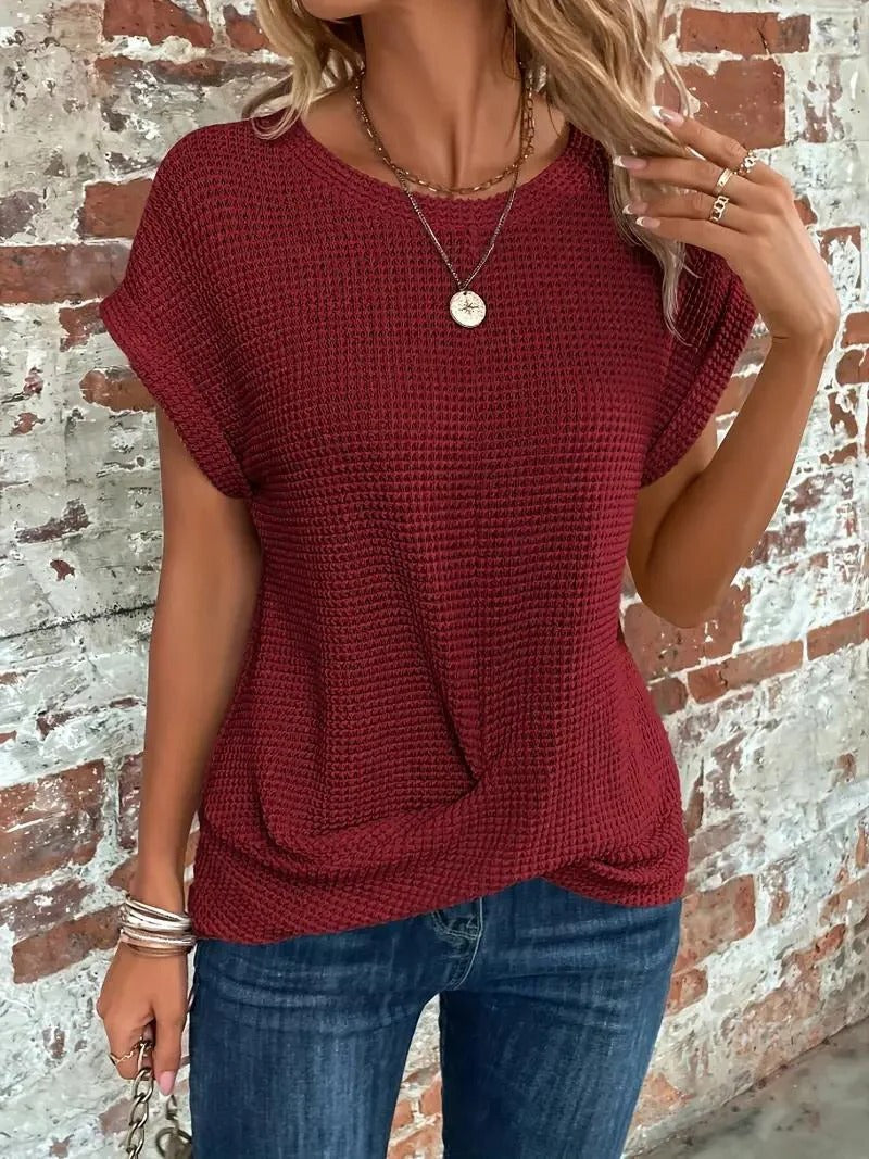 T Shirt Décontracté En Maille Nid D'Abeille Avec Ourlet Torsadé Avant Et Manches Roulées Confort Respirant Été