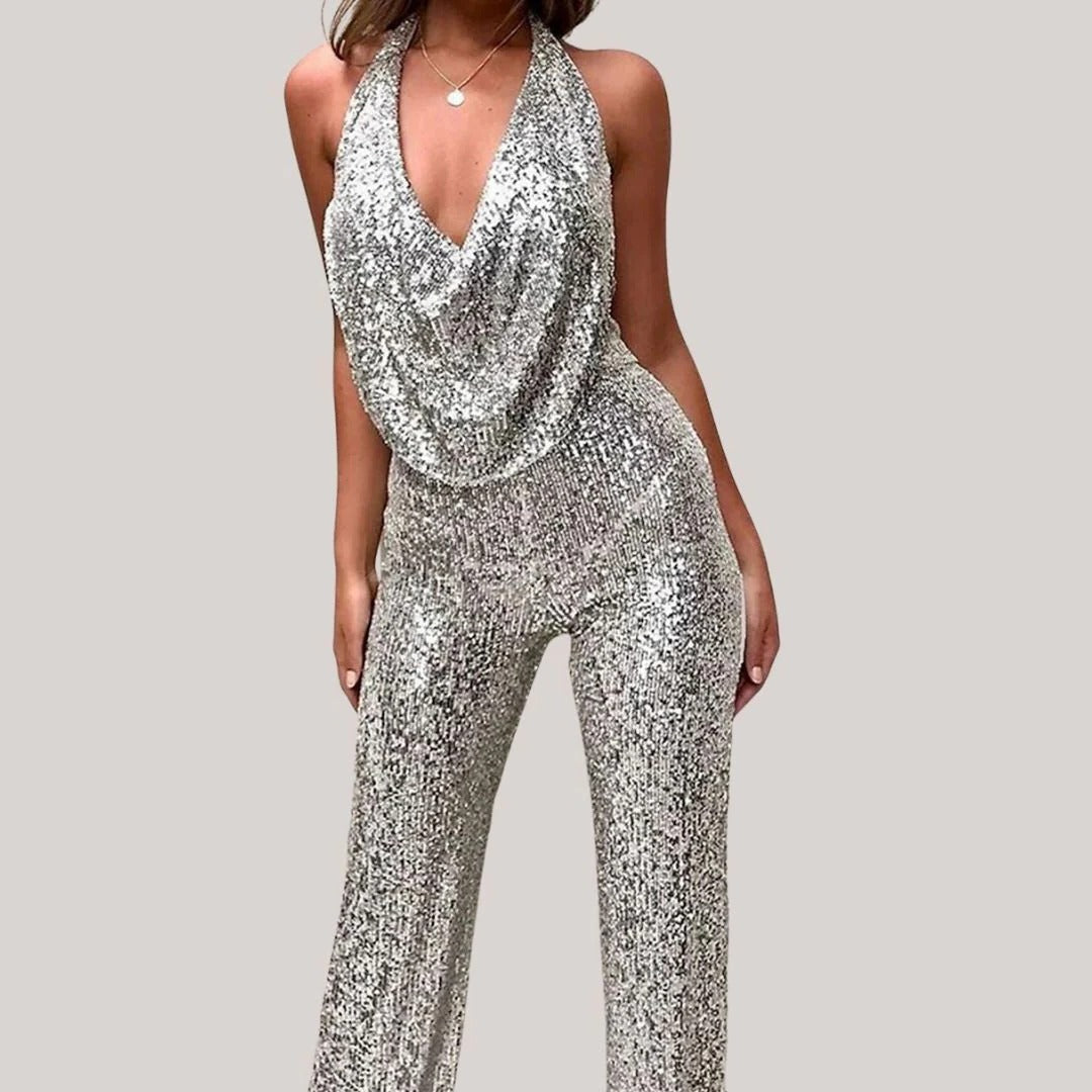 Combinaison Pailletée à Col Halter Encolure Drapée et Jambes Larges Fluides pour Événements Formels
