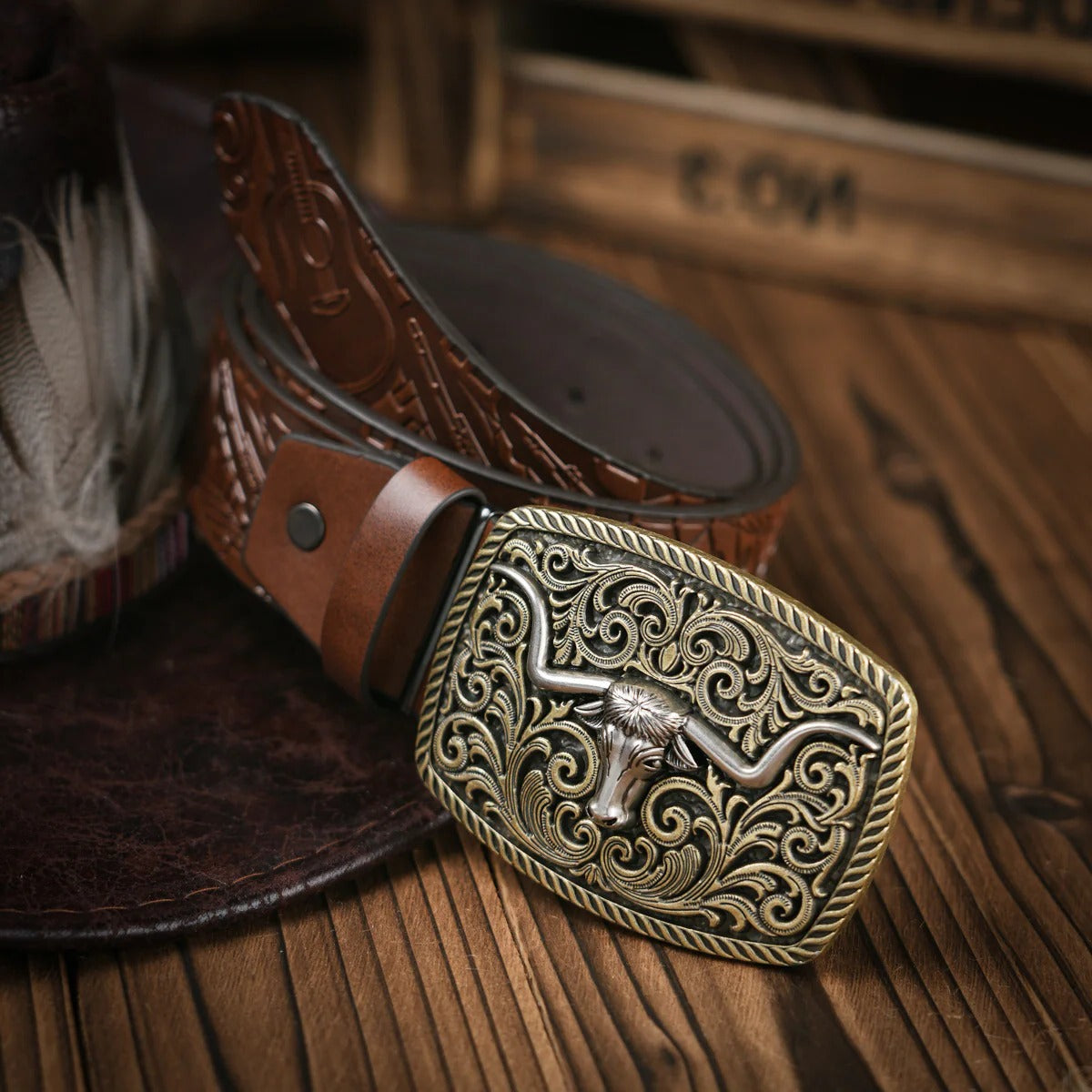 Ceinture En Cuir Style Western Pour Hommes Avec Boucle En Laiton Ornée Pour Casual Et Formelle
