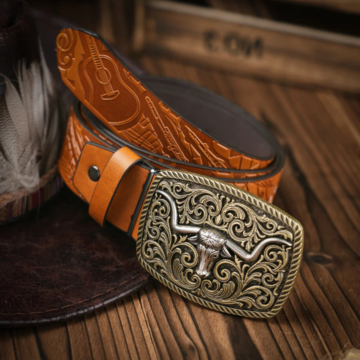 Ceinture En Cuir Style Western Pour Hommes Avec Boucle En Laiton Ornée Pour Casual Et Formelle