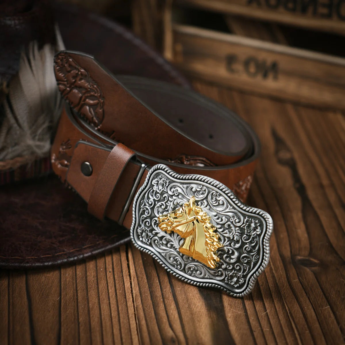Ceinture En Cuir Style Western Pour Hommes Avec Boucle En Laiton Ornée Pour Casual Et Formelle