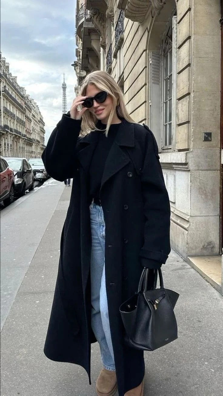 Manteau Trench Double Boutonnage Avec Ceinture Longue Silhouette Idéal Pour Tenue Décontractée Et Professionnelle