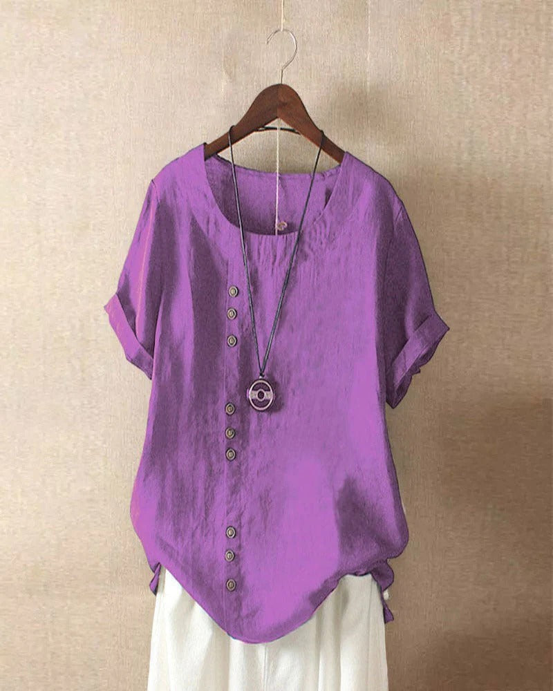 Blouse Femme Manches Courtes Boutonnée Encolure Ronde Confort Pour Usage Quotidien Décontracté