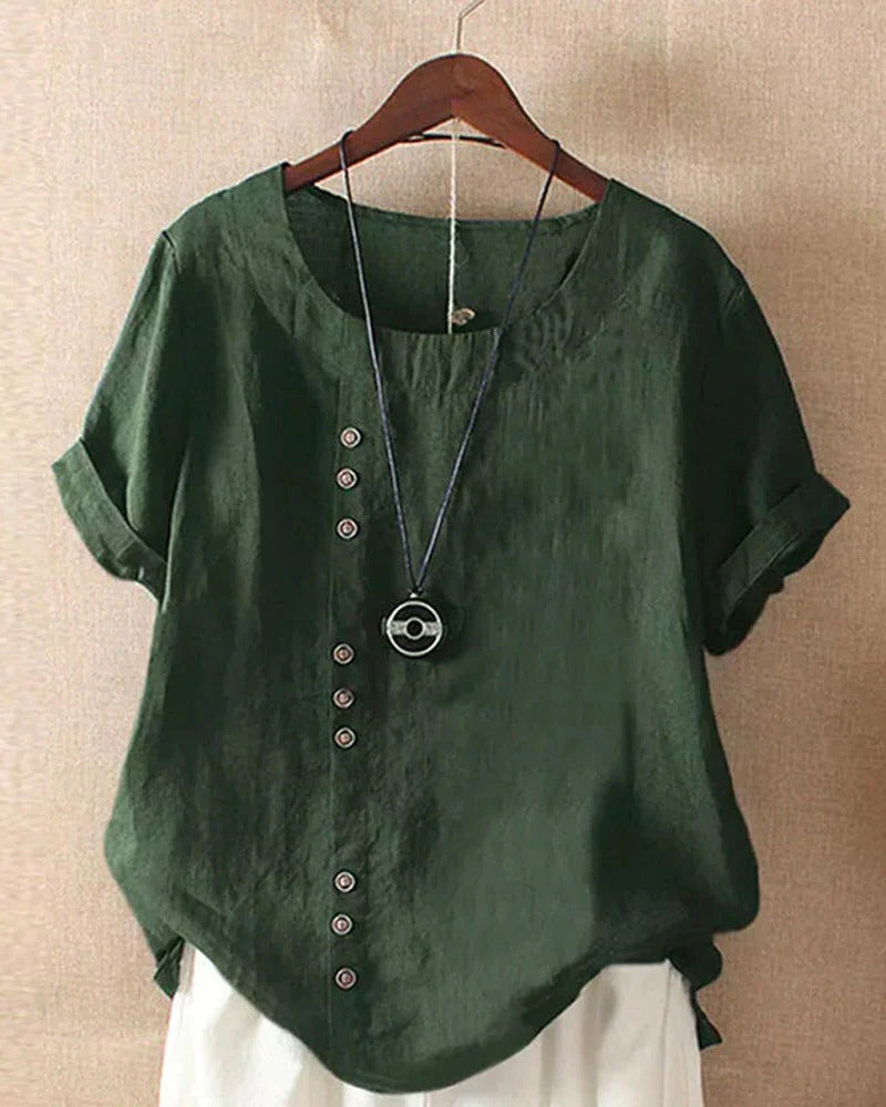 Blouse Femme Manches Courtes Boutonnée Encolure Ronde Confort Pour Usage Quotidien Décontracté