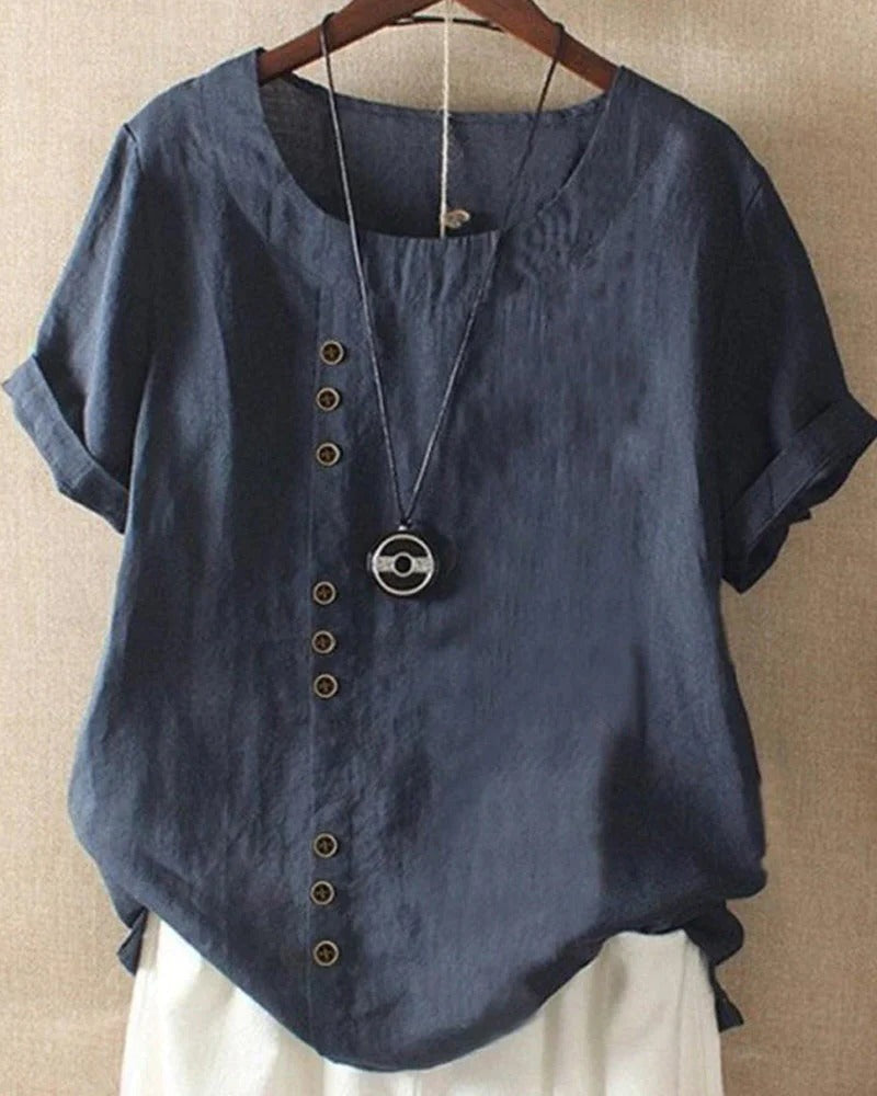 Blouse Femme Manches Courtes Boutonnée Encolure Ronde Confort Pour Usage Quotidien Décontracté