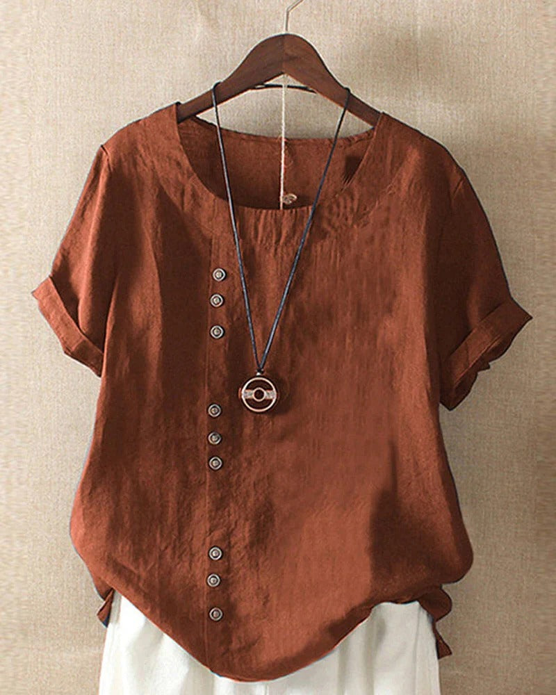 Blouse Femme Manches Courtes Boutonnée Encolure Ronde Confort Pour Usage Quotidien Décontracté