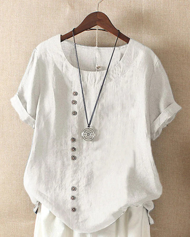 Blouse Femme Manches Courtes Boutonnée Encolure Ronde Confort Pour Usage Quotidien Décontracté
