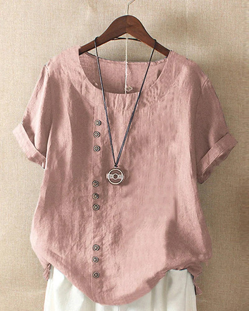 Blouse Femme Manches Courtes Boutonnée Encolure Ronde Confort Pour Usage Quotidien Décontracté