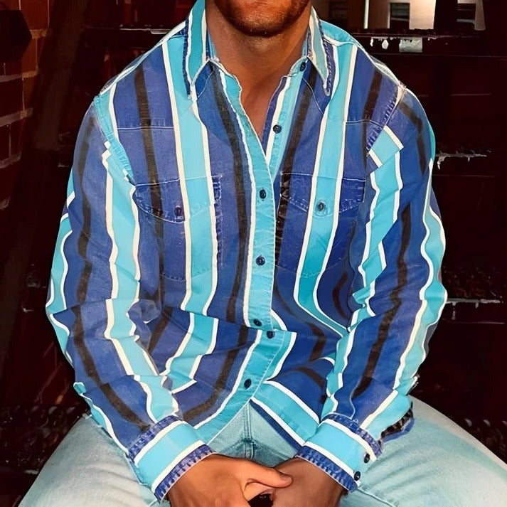 Chemise Homme Retro Color Block Rayures Coupe Ample Manches Longues Décontractée Pour Vie Quotidienne