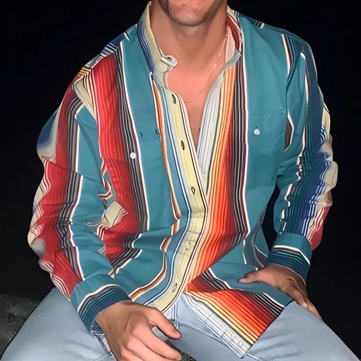 Chemise Homme Retro Color Block Rayures Coupe Ample Manches Longues Décontractée Pour Vie Quotidienne