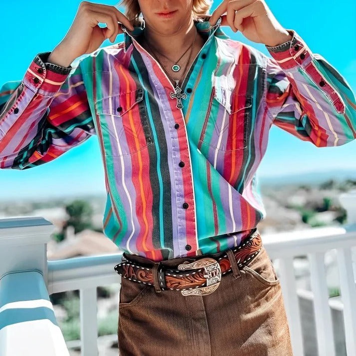 Chemise Homme Retro Color Block Rayures Coupe Ample Manches Longues Décontractée Pour Vie Quotidienne