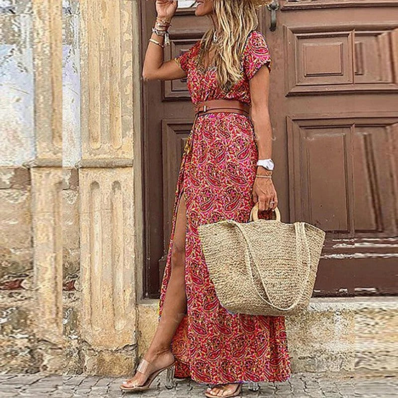 Robe D'Été Pour Femmes Amawinc Manches Courtes Col V Confort Raffiné Style Estival Décontracté