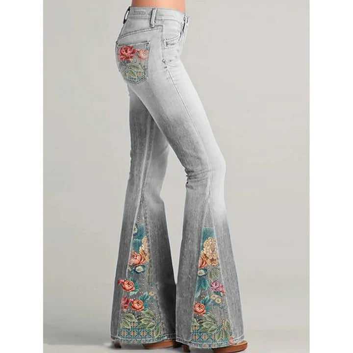 Jean Femme Vintage Brodé Floral Évasé Confortable Pour Look Rétro Élégant Quotidien